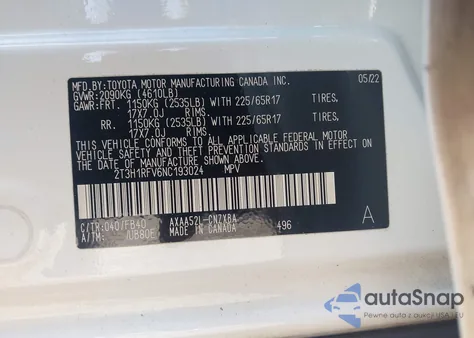 2022 Toyota Rav4 Le z USA, uszkodzony, nr VIN 2T3H1RFV6NC193024